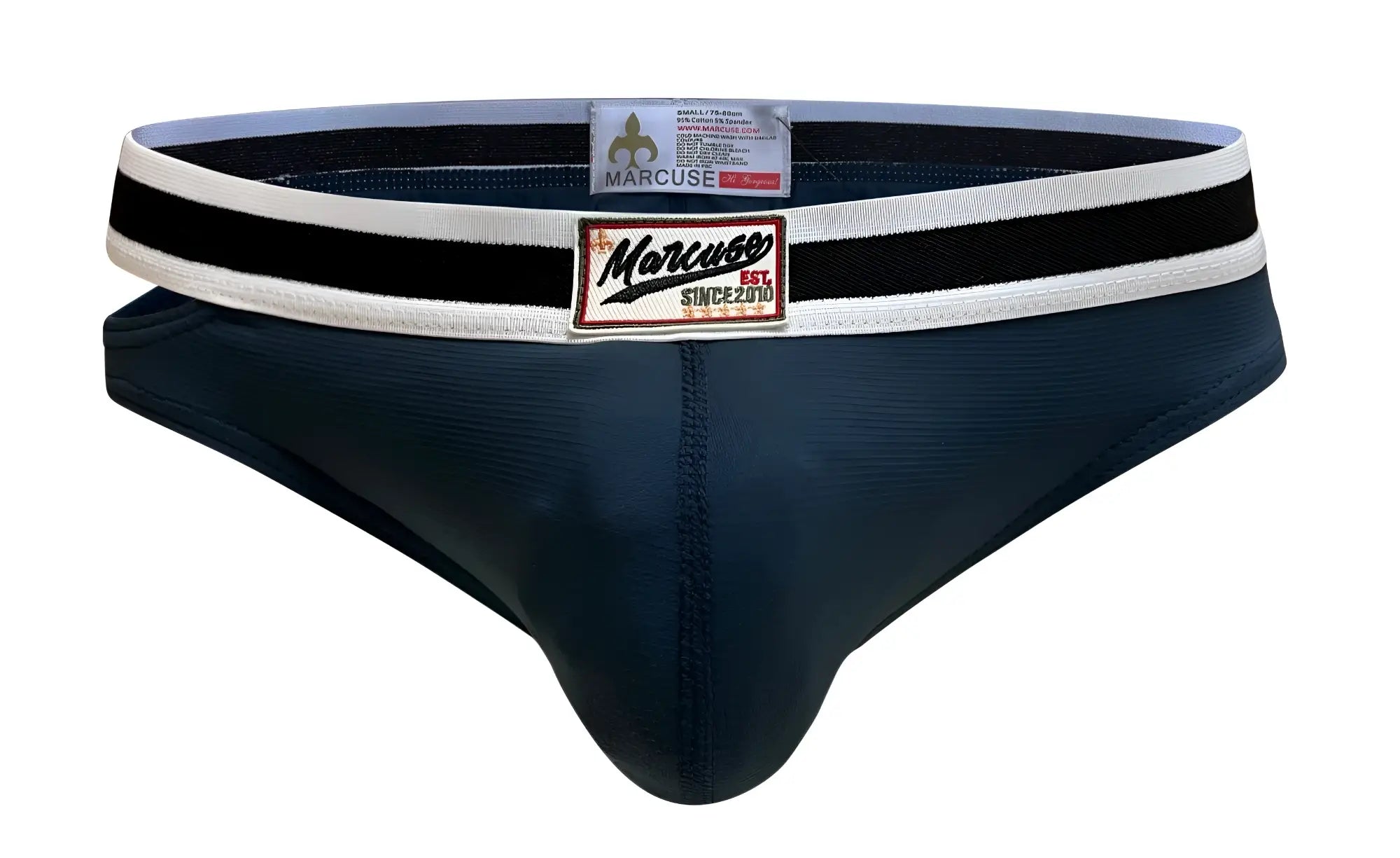 Dark navy blue marcuse alexander brief underwear with a black and white striped waistband for comfortable support