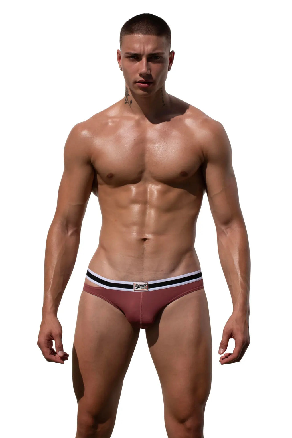 Marcuse alexander brief underwear in maroon with a black and white striped waistband and a small gold logo