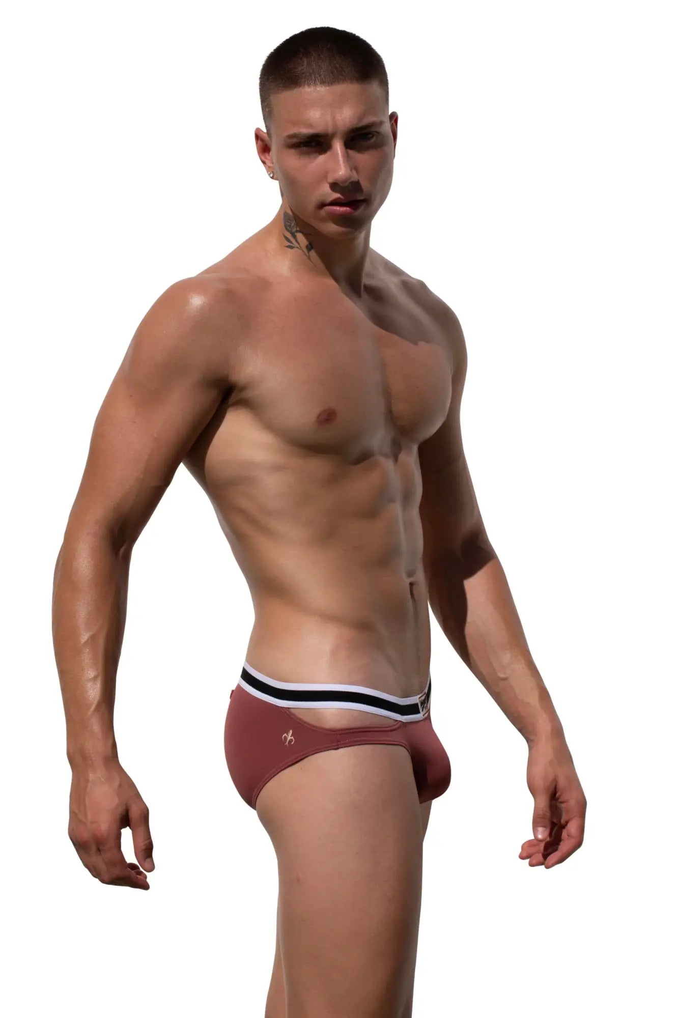 Marcuse alexander brief underwear in maroon with a white and black striped waistband made of soft fabric