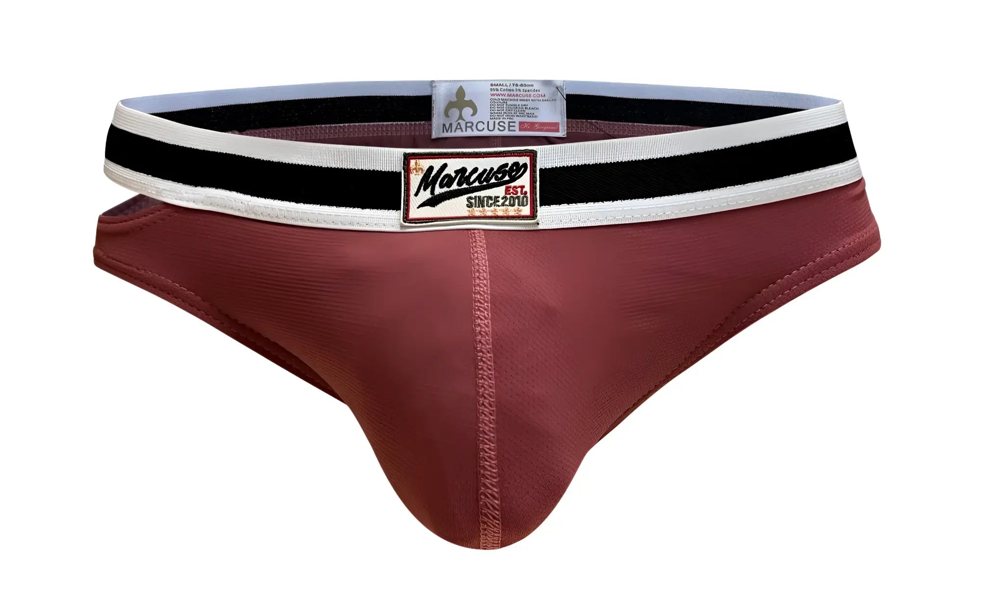 Marcuse alexander brief underwear in burgundy with black and white striped waistband for comfortable support