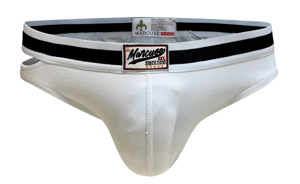 White marcuse alexander brief underwear with black elastic waistband and red and white logo patch on front