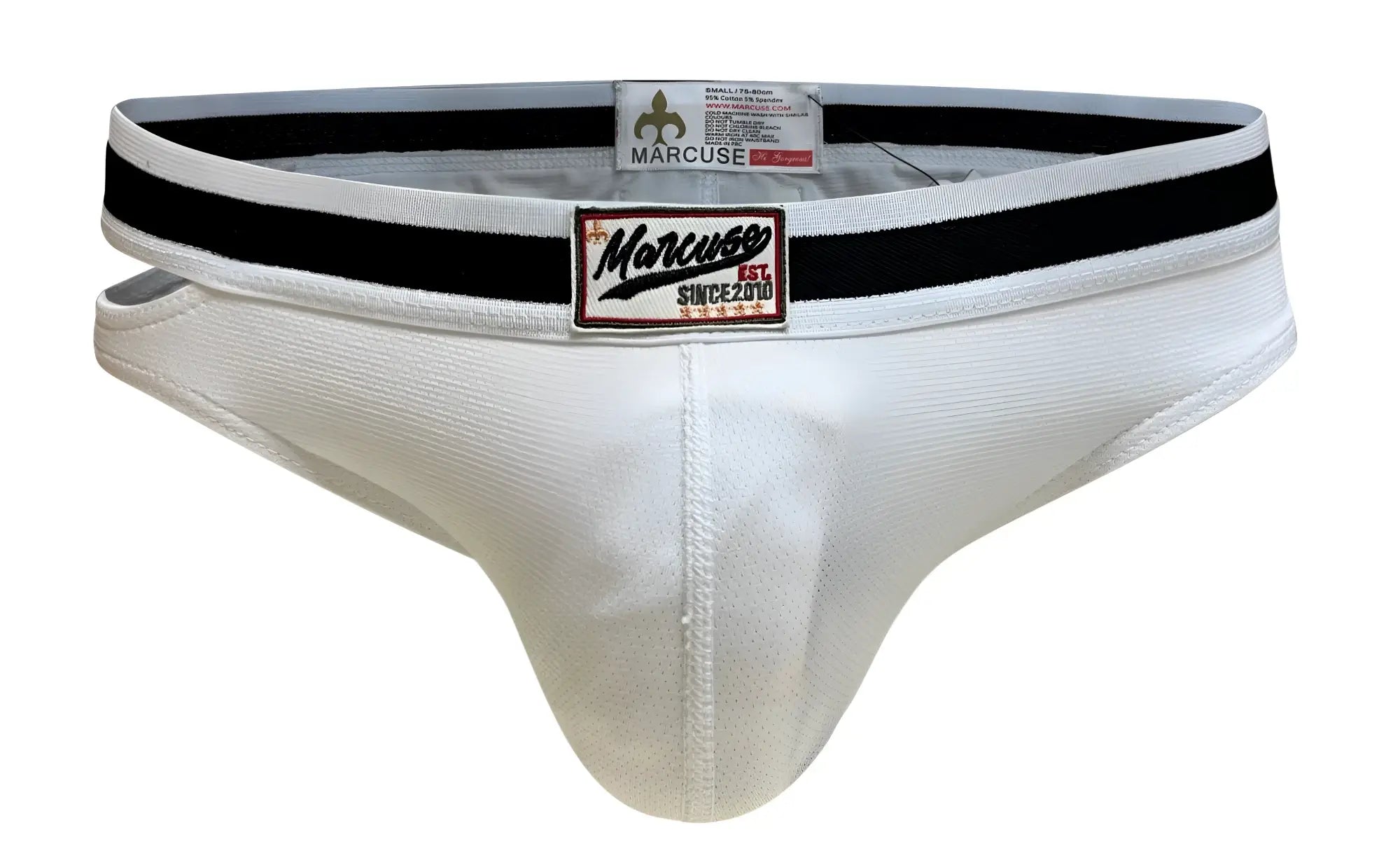 White marcuse alexander brief underwear with black elastic waistband and red and white logo patch on front