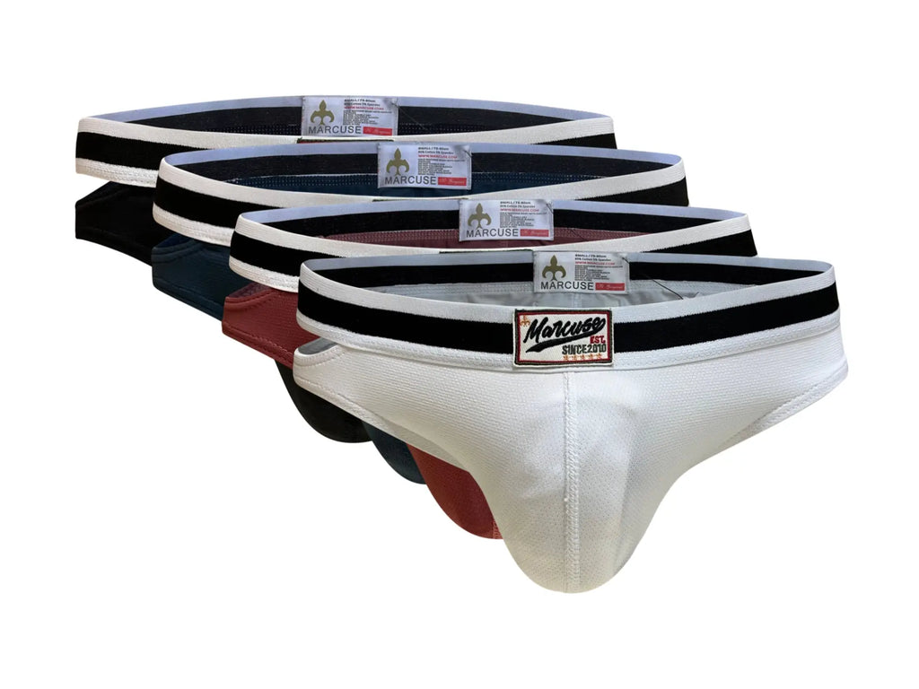 White Marcuse Alexander brief underwear with black elastic waistband and branded label for men