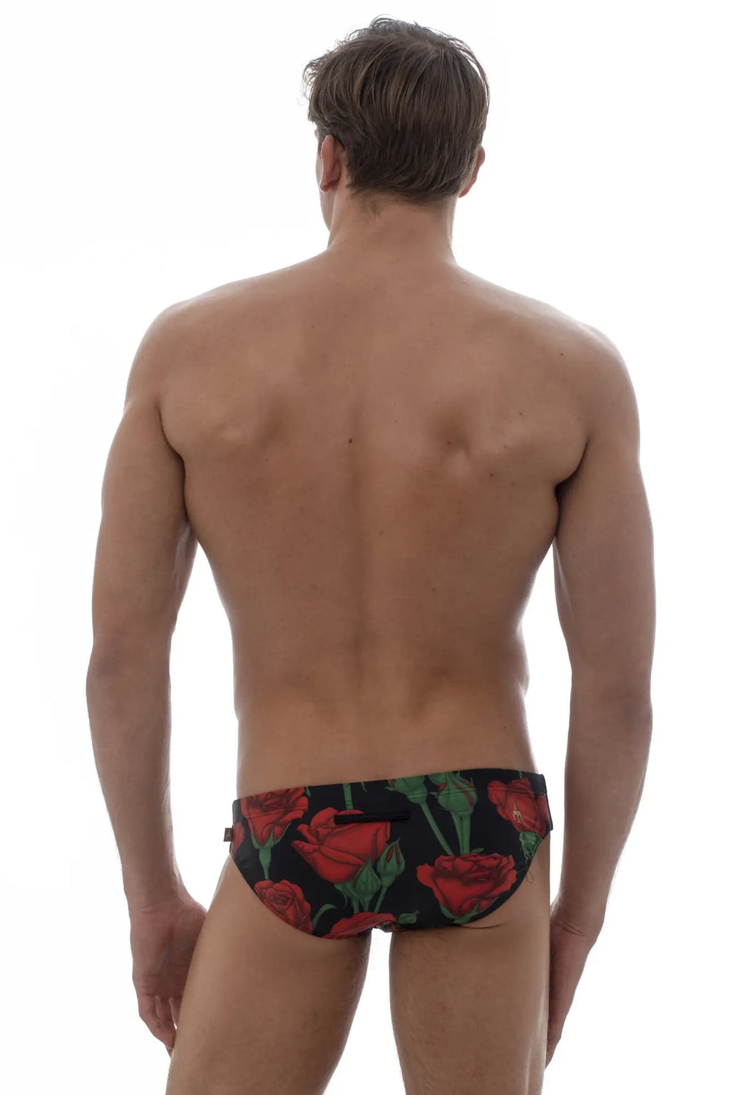 Black marcuse amour bikini swimwear trunks with vibrant red rose floral pattern for stylish swim use