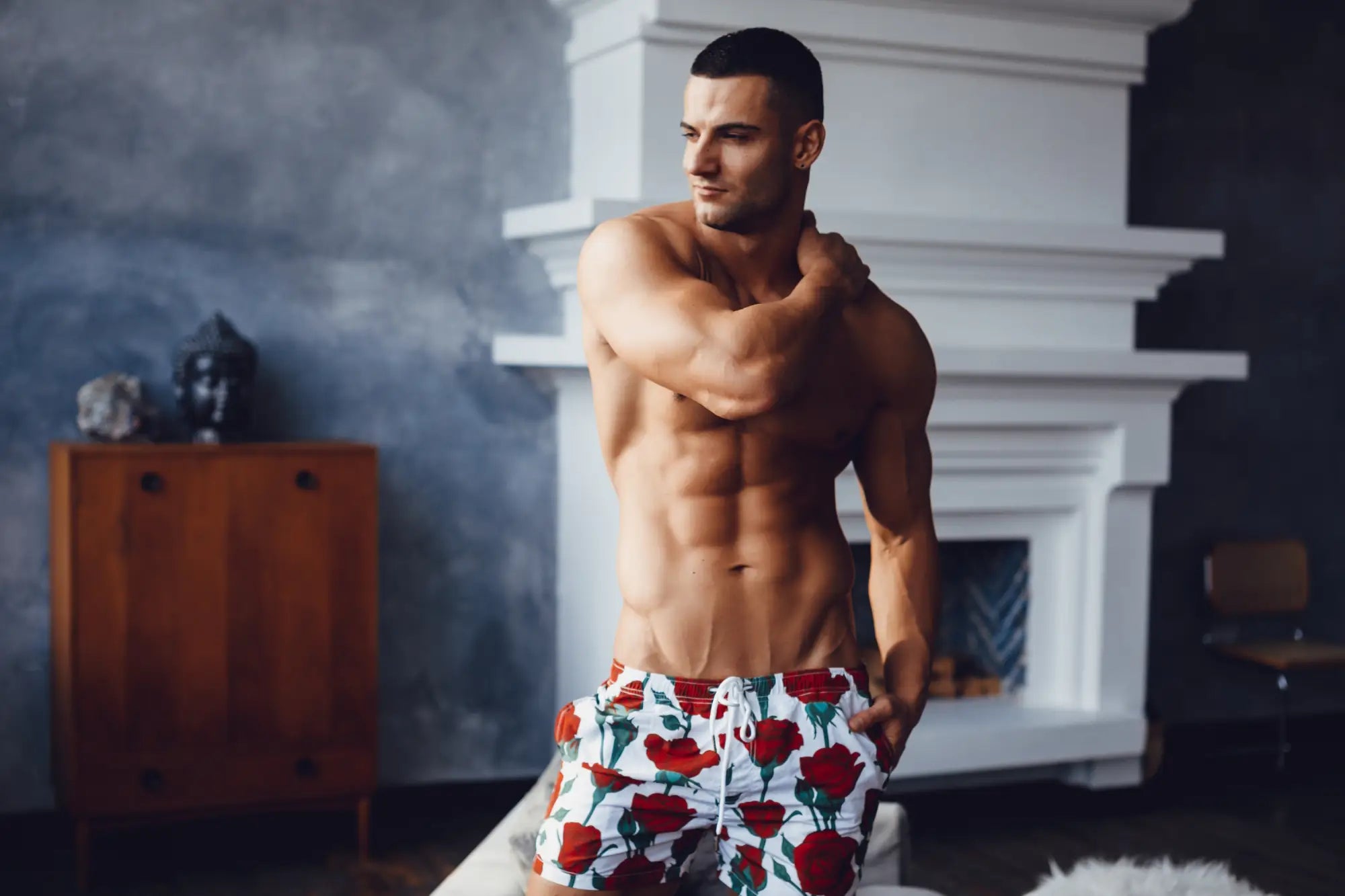 Marcuse Amour shorts white swim trunks with red rose pattern and drawstring waistband for beachwear