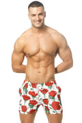 Marcuse Amour shorts white swim trunks with red rose pattern green stems and matching red waistband