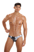 Marcuse Anemone bikini swimwear black and white camouflage swim trunks with subtle waistband logo front view