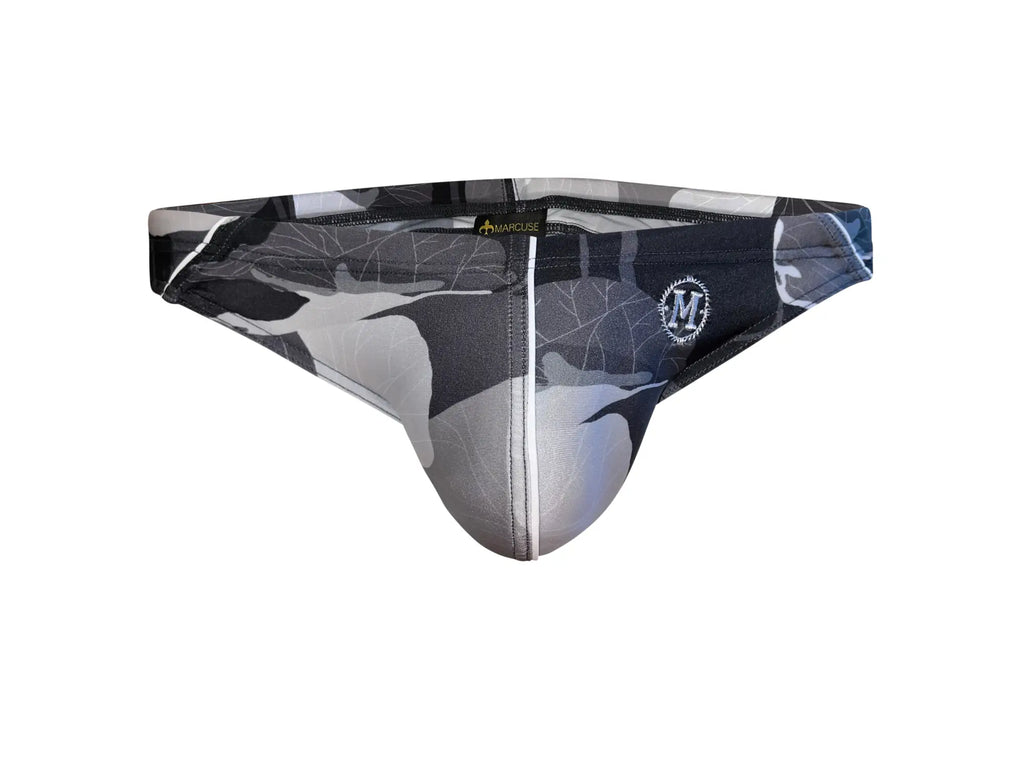 Marcuse Anemone bikini swimwear gray and black camouflage men’s briefs with white vertical seam on front