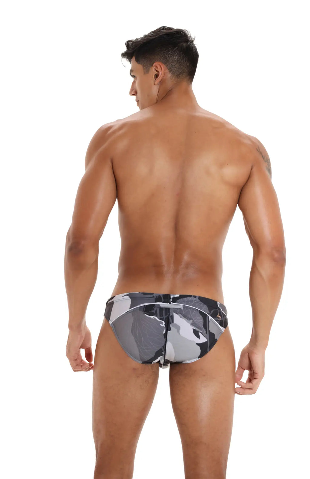 Marcuse Anemone bikini swimwear gray and black camouflage swim trunks designed for stylish beachwear
