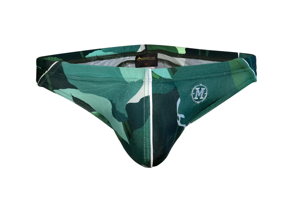Green camouflage-patterned marcuse anemone bikini swimwear men’s briefs with white zipper and embroidered logo