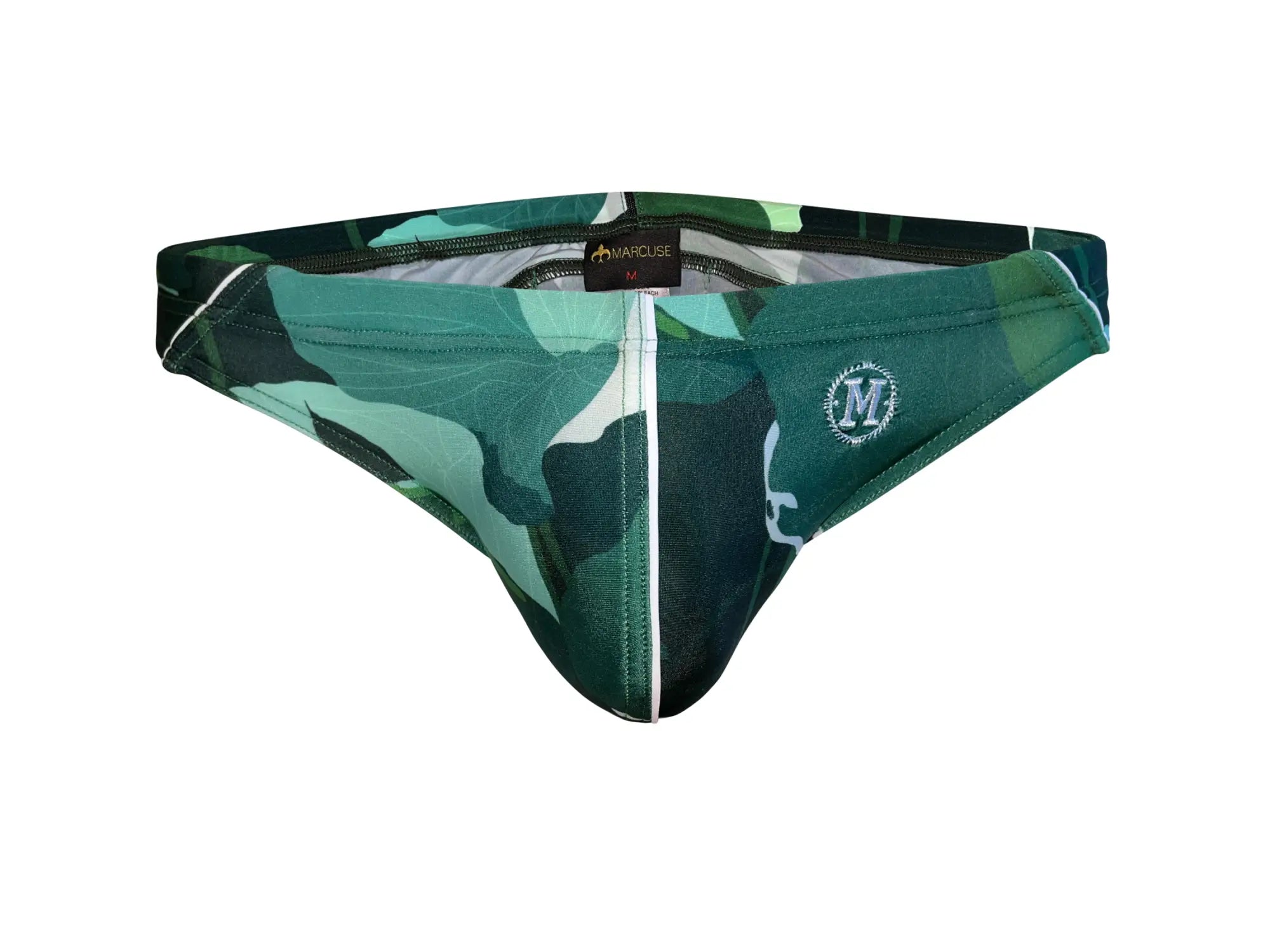 Green camouflage-patterned marcuse anemone bikini swimwear men’s briefs with white zipper and embroidered logo
