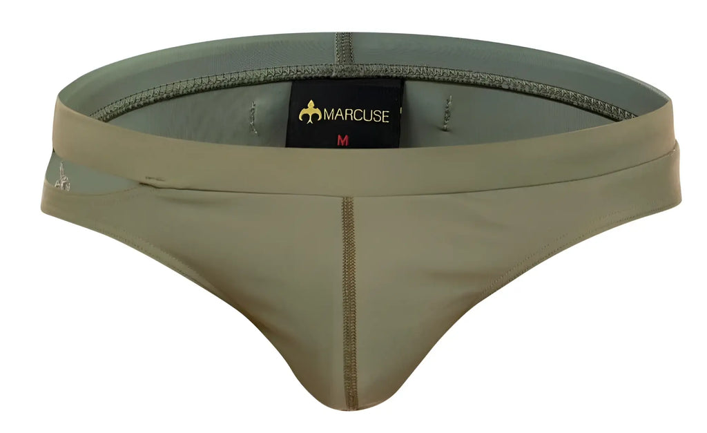 Olive green marcuse aperture bikini swimwear men’s briefs with central zipper and elastic waistband