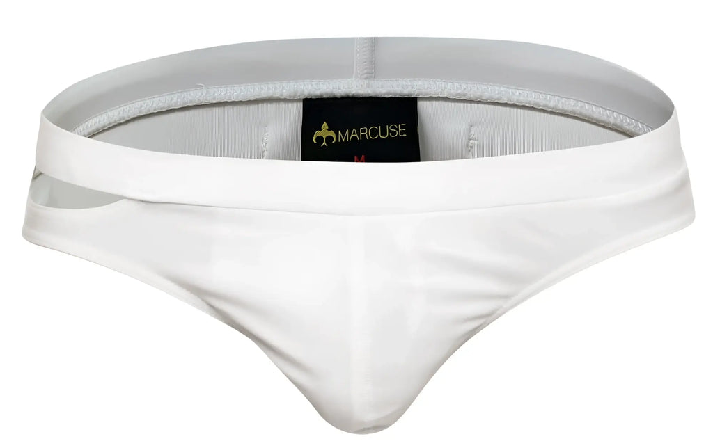 White marcuse aperture bikini swimwear briefs with smooth form-fitting design and subtle elastic waistband