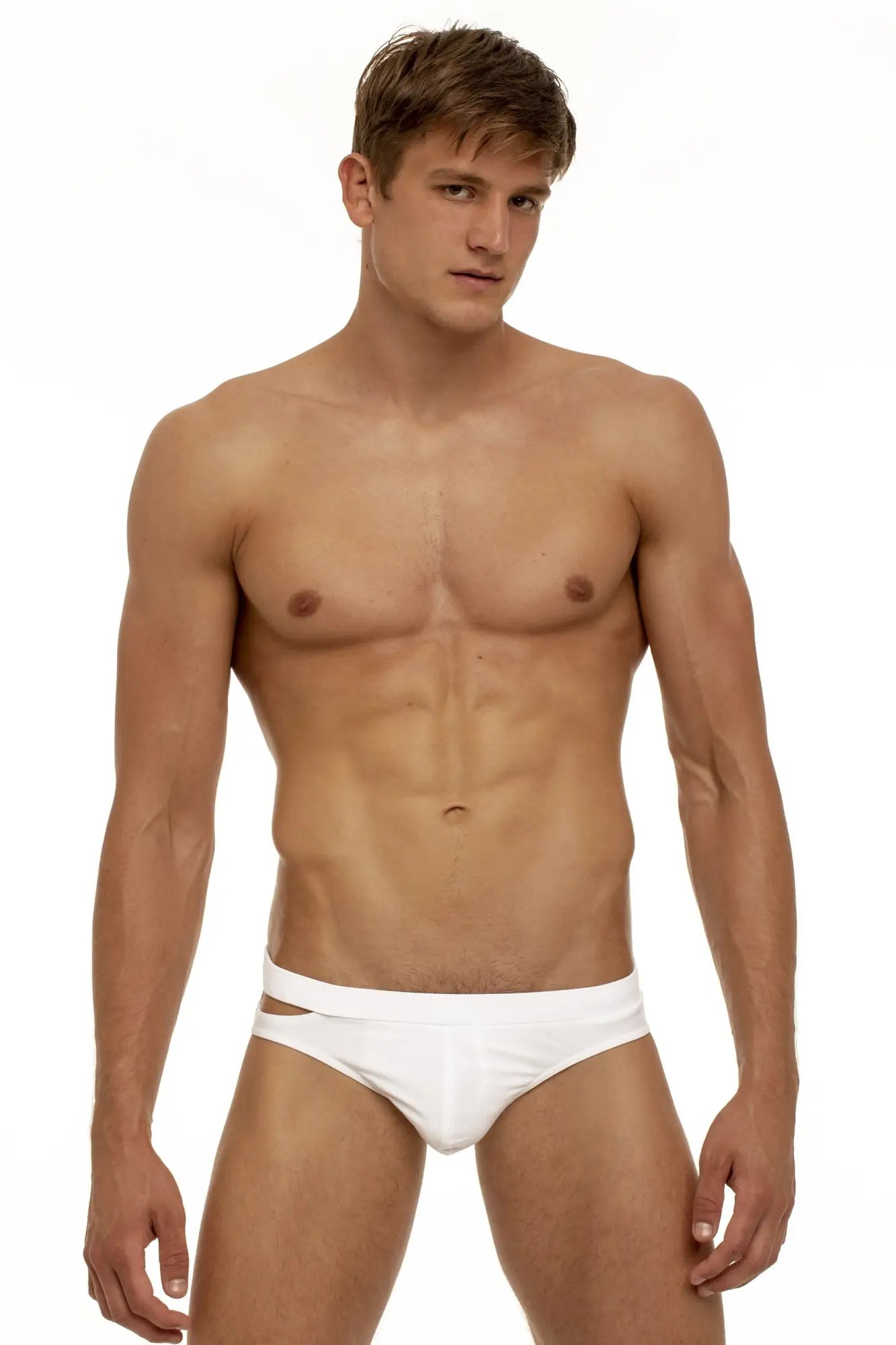 White briefs swimwear with a cutout waistband detail from marcuse aperture bikini collection