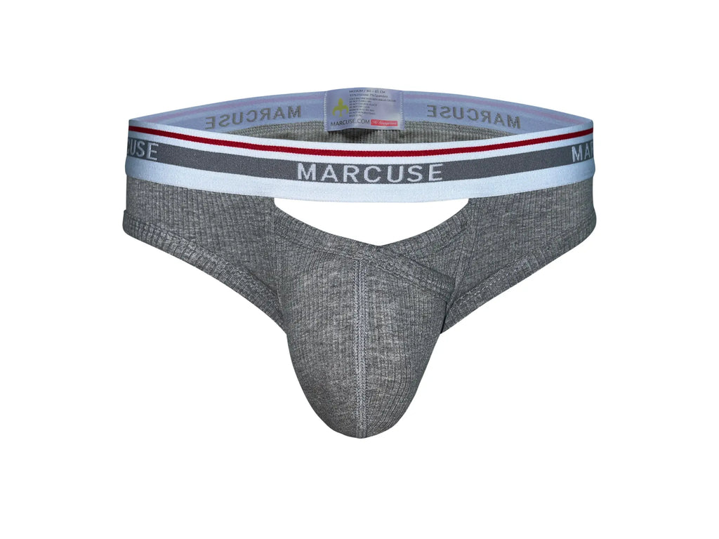 Gray textured marcuse thong underwear with white and red trim for comfortable everyday wear