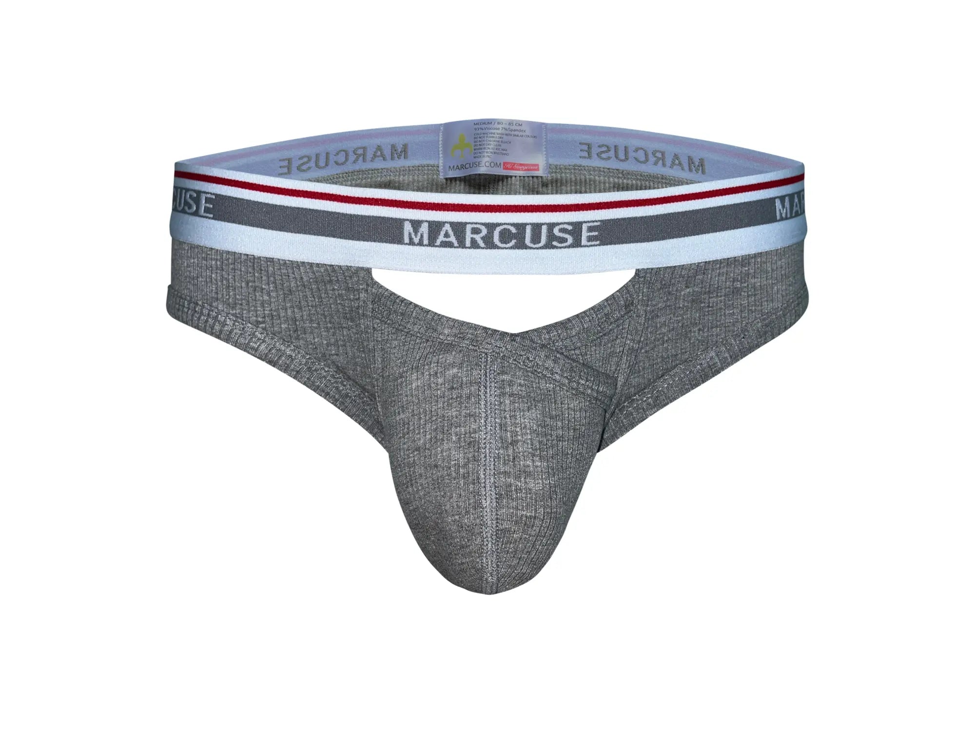 Gray textured marcuse thong underwear with white and red trim for comfortable everyday wear