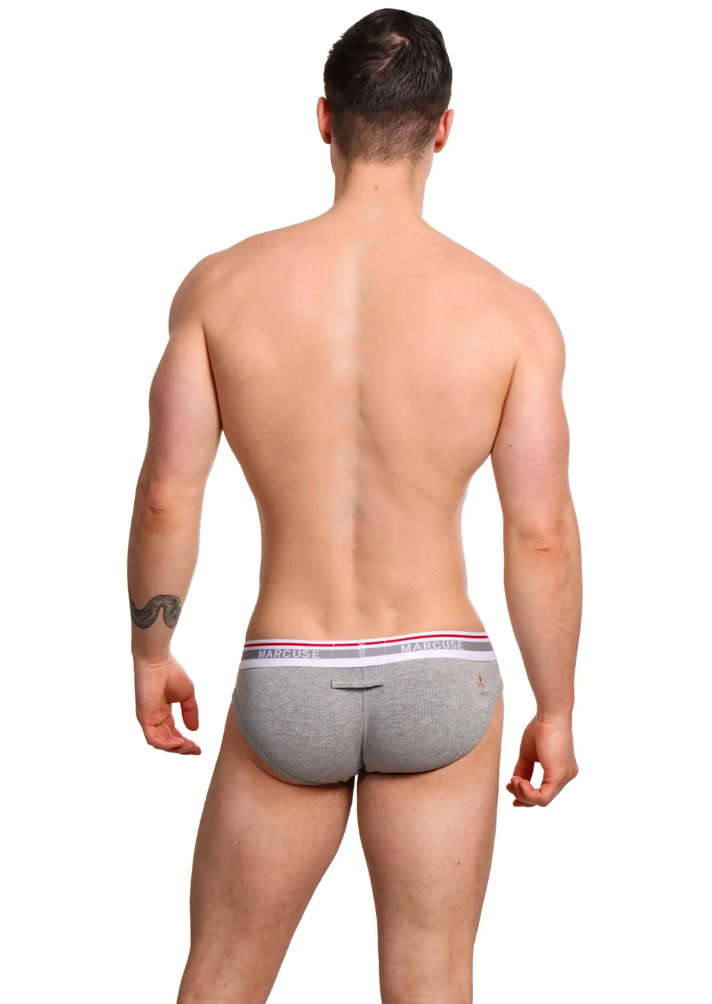 Marcuse Apollo brief underwear in gray textured fabric with a striped elastic waistband featuring madison branding