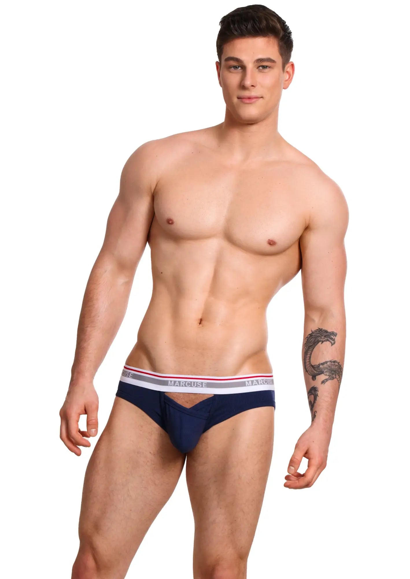 Navy blue marcuse apollo brief underwear with red and white striped waistband and madison brand name in black lettering