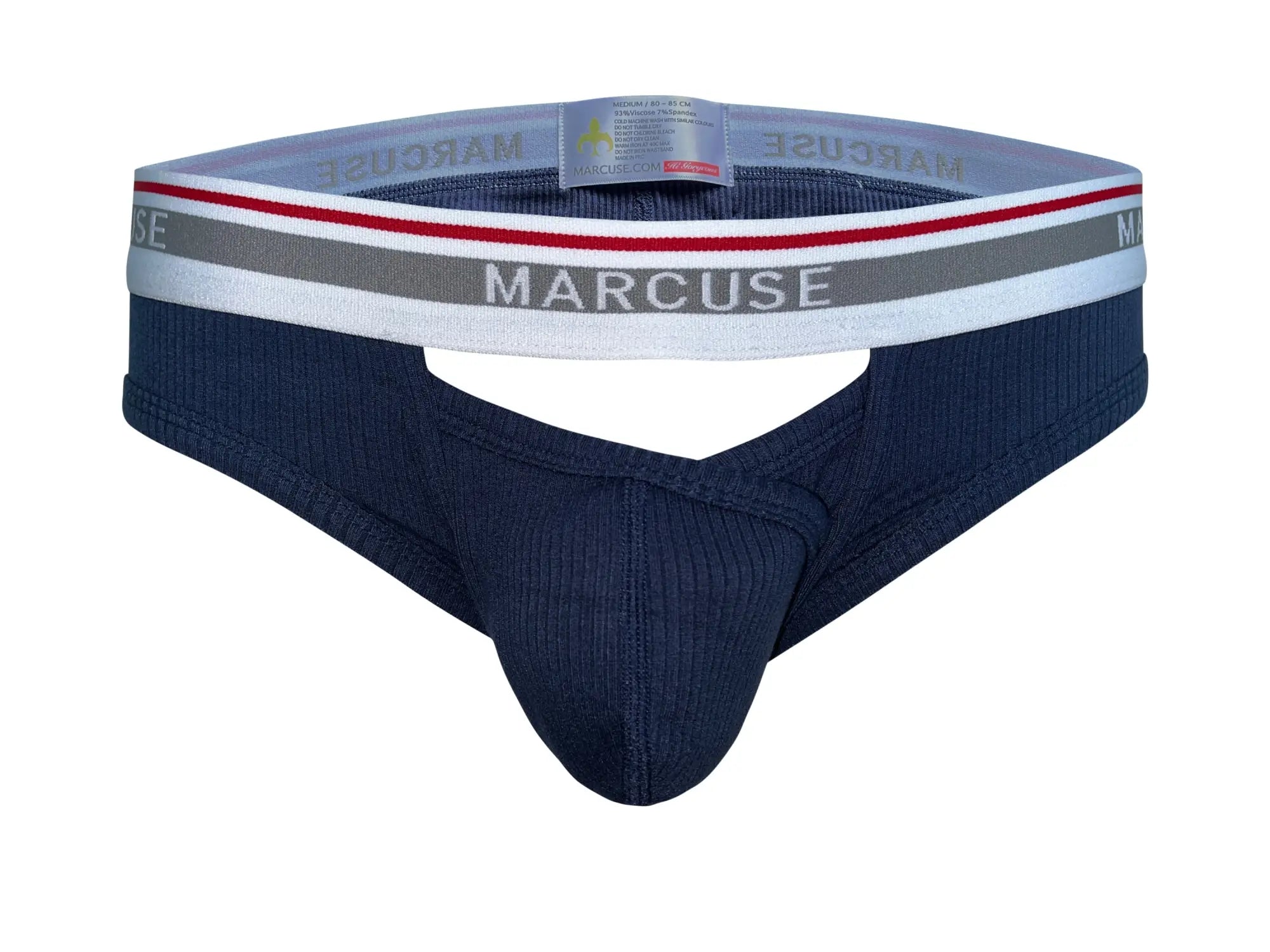 Navy blue ribbed marcuse apollo brief underwear with gray white and red striped waistband in front view