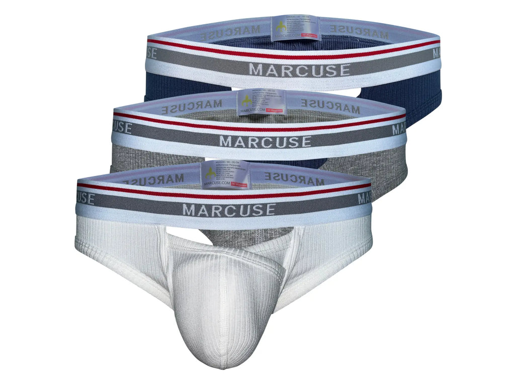 Set of three Marcuse Apollo brief underwear in white heather gray and navy blue with ribbed elastic waistbands