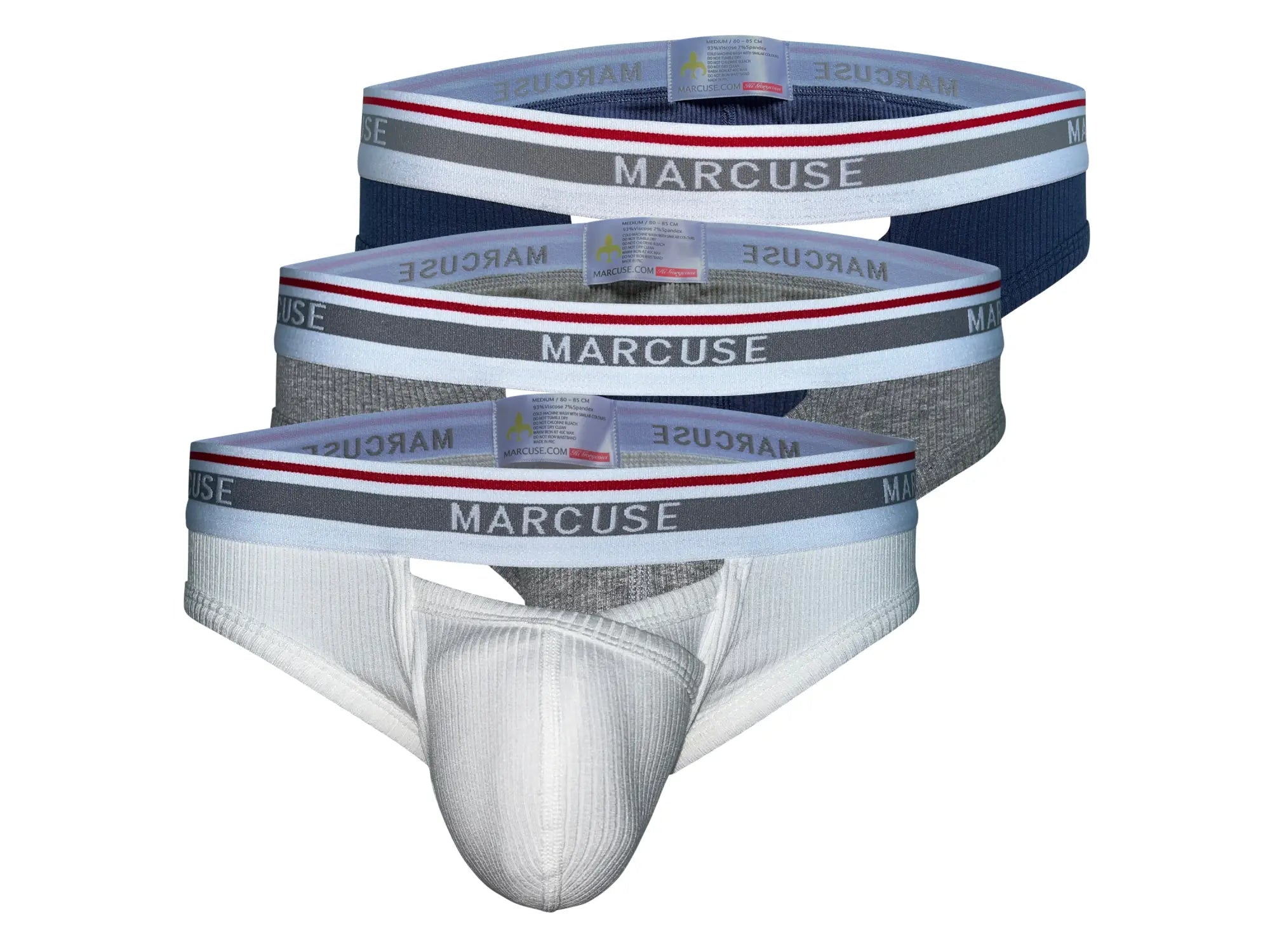 Set of three Marcuse Apollo brief underwear in white heather gray and navy blue with ribbed elastic waistbands
