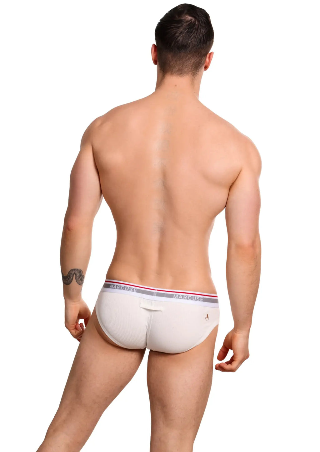 White marcuse Apollo brief underwear with striped waistband featuring black men’s underwear brand text