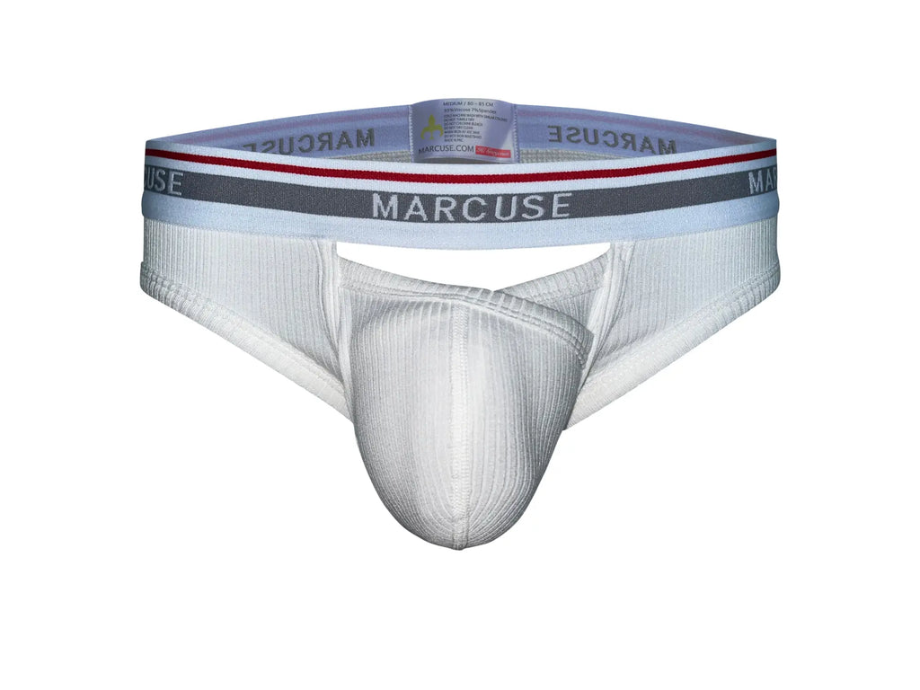 White ribbed marcuse apollo brief underwear with gray waistband and red stripe accents for men