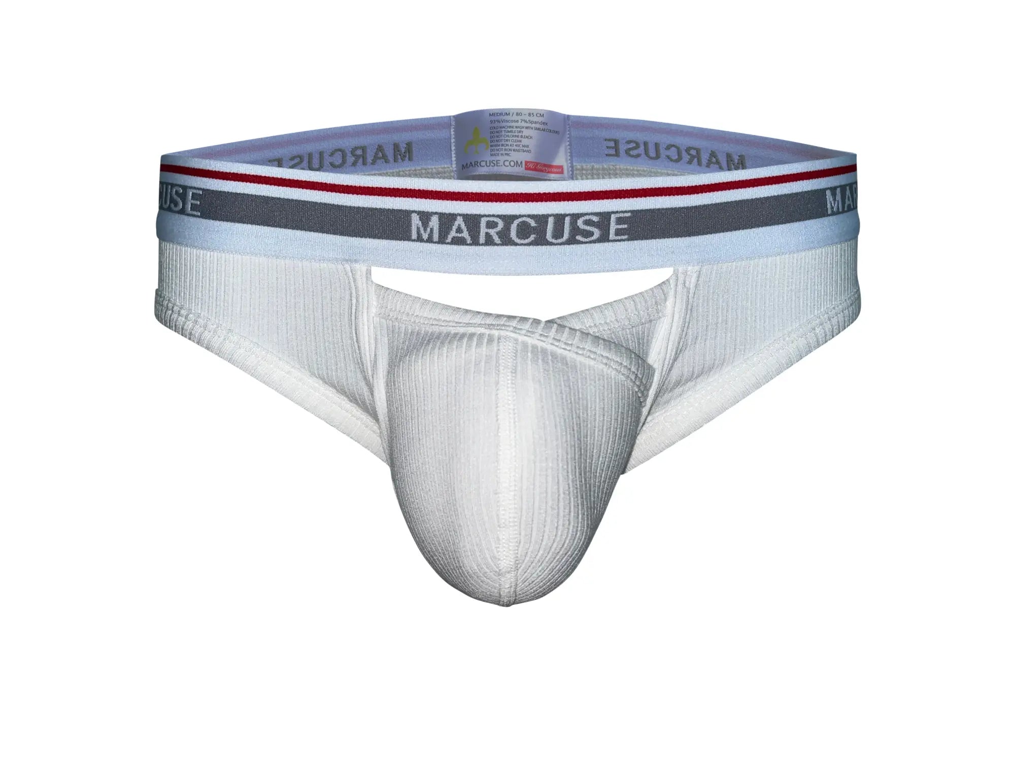 White ribbed marcuse apollo brief underwear with gray waistband and red stripe accents for men