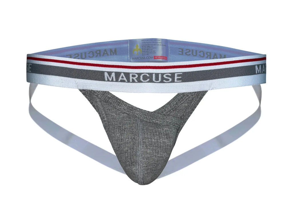Gray textured fabric thong underwear with white gray and red striped marcuse branded elastic waistband Apollo jock
