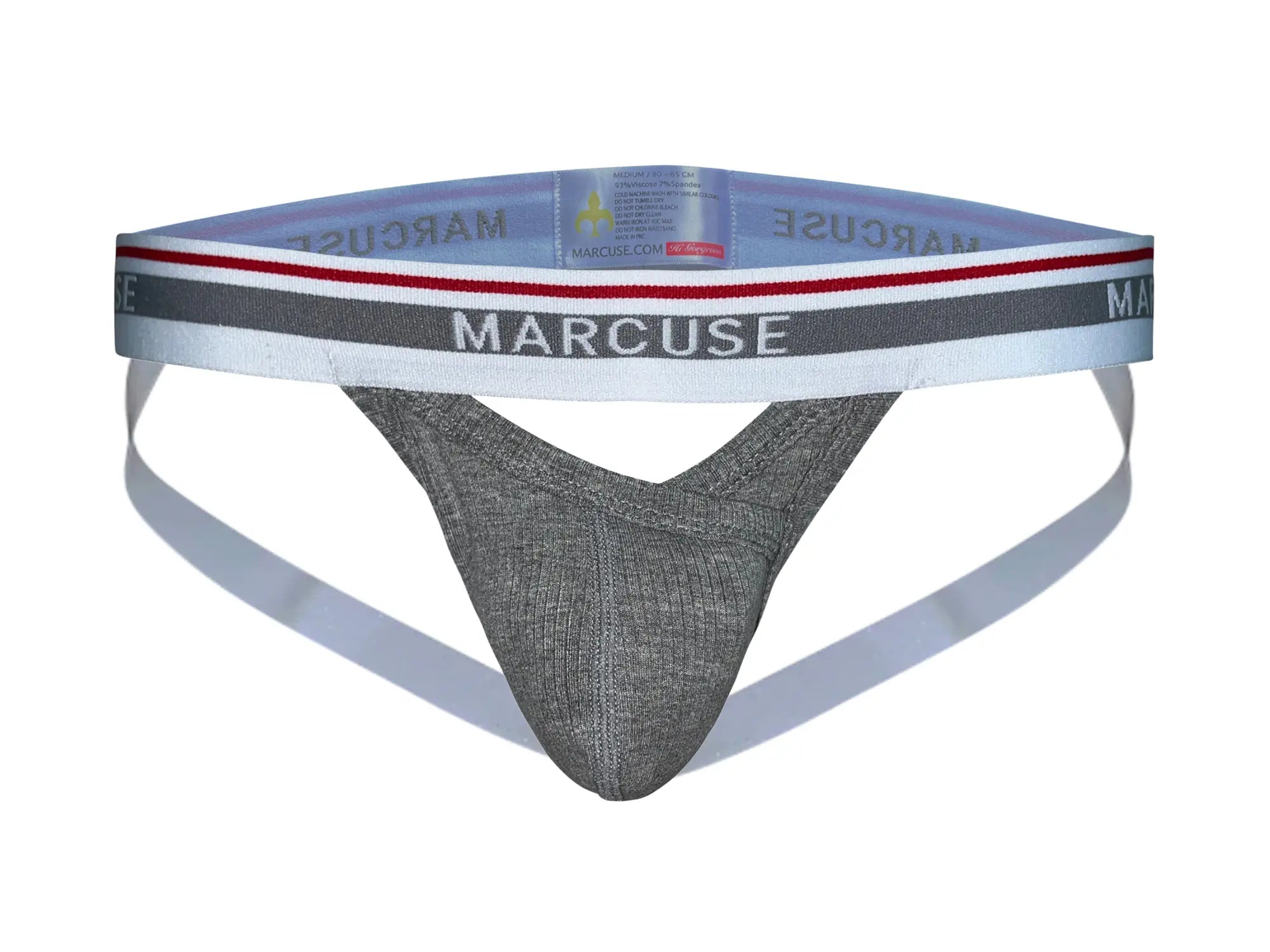 Gray textured fabric thong underwear with white gray and red striped marcuse branded elastic waistband Apollo jock