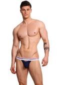 Navy blue marcuse apollo jock underwear briefs with white elastic waistband and red gray stripes and marcus brand name