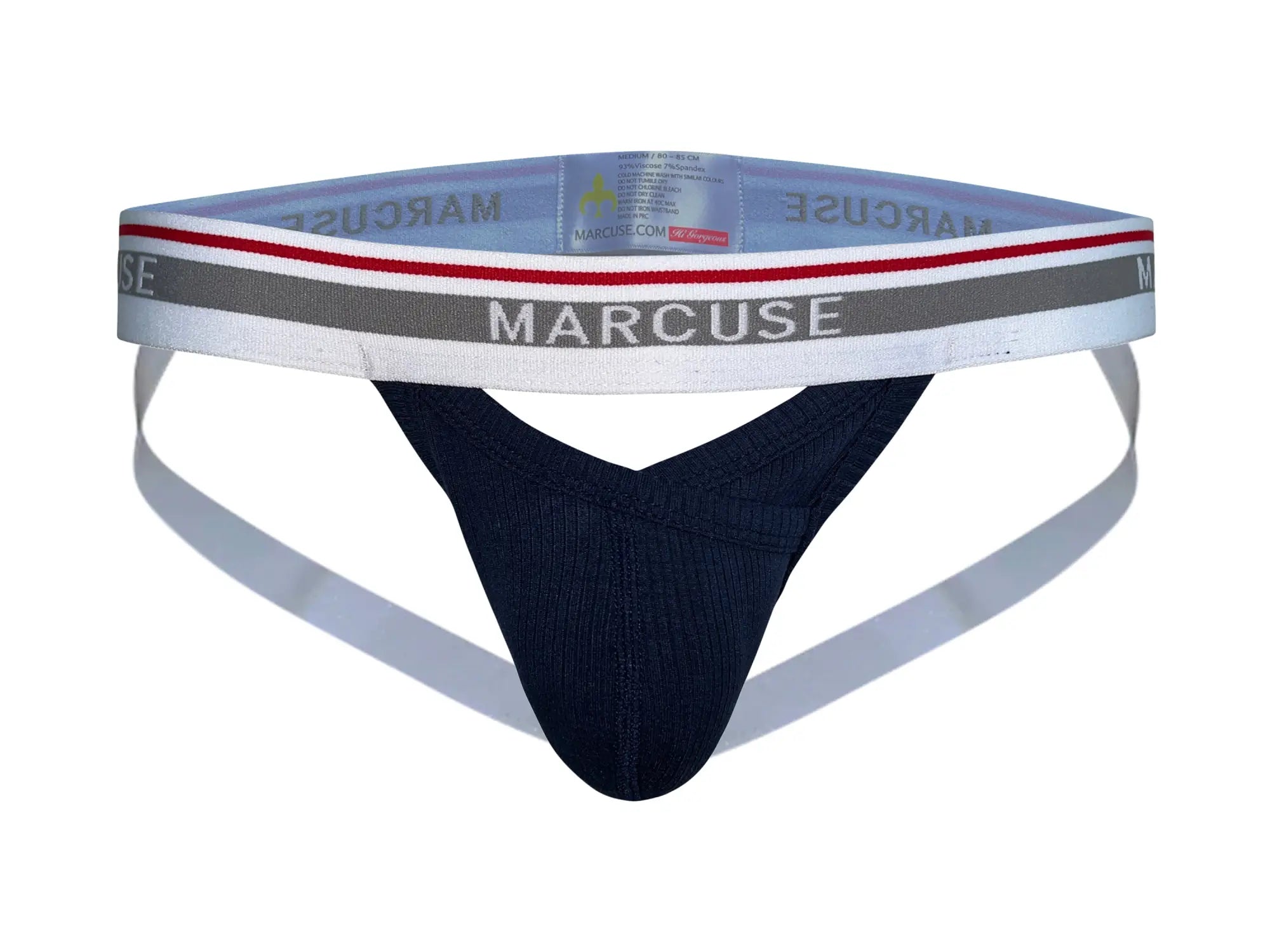 Navy blue textured fabric thong with white gray and red striped waistband branded marcuse in marcuse apollo jock underwear