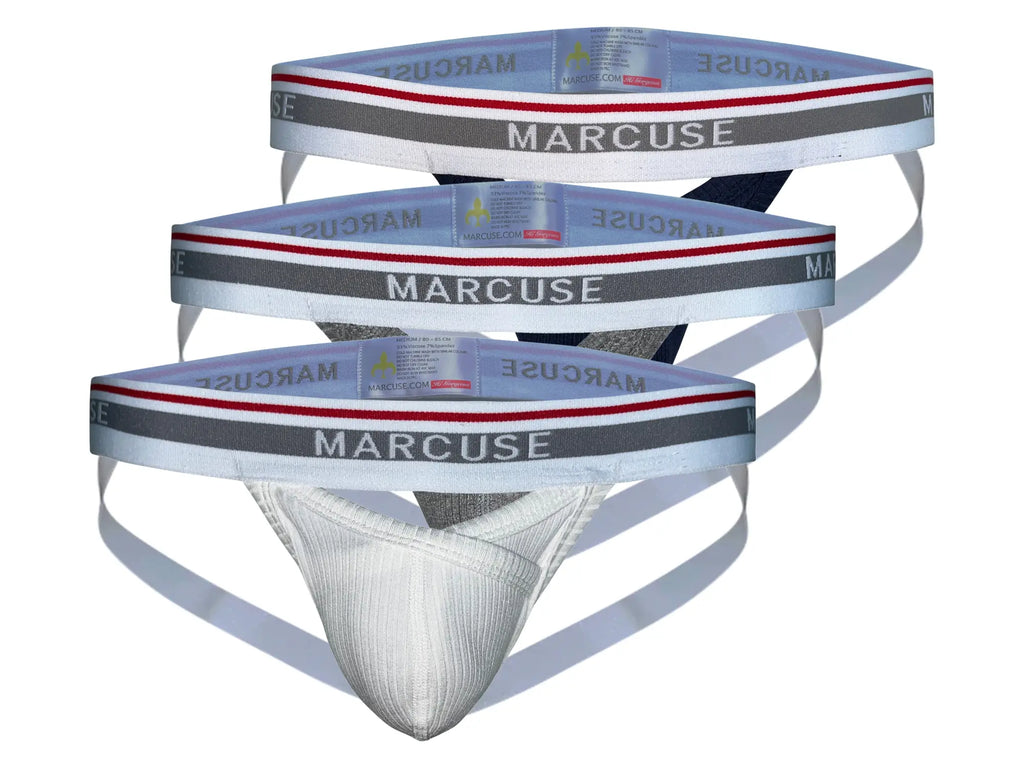 White textured marcuse apollo jock underwear with gray and red striped waistband featuring marcuse branding