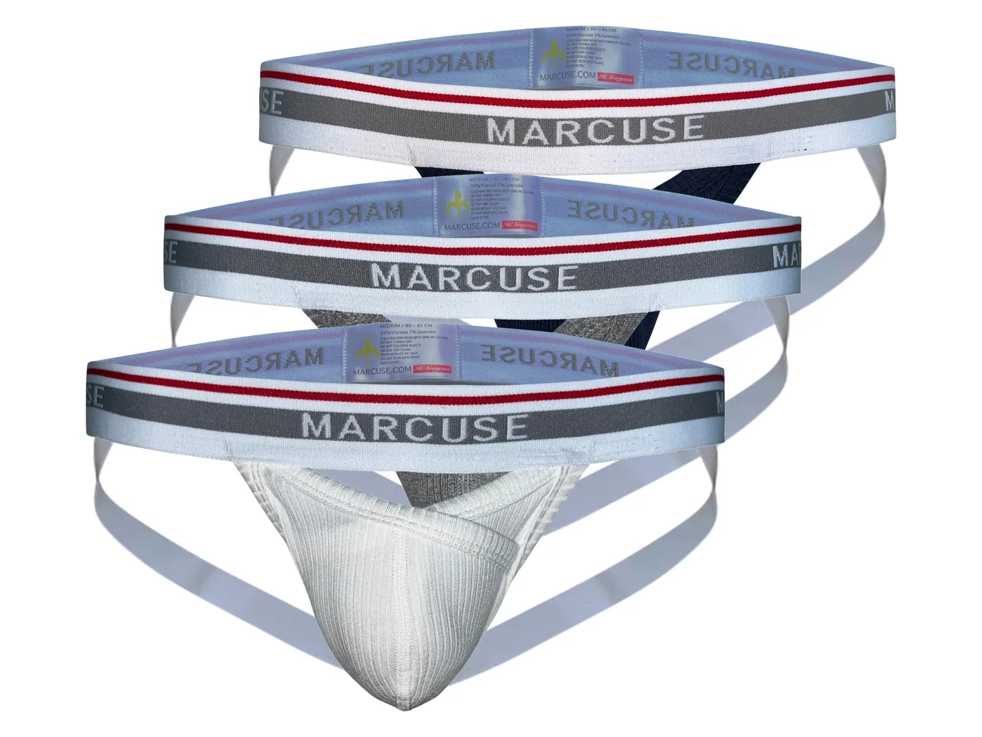 White textured marcuse apollo jock underwear with gray and red striped waistband featuring marcuse branding