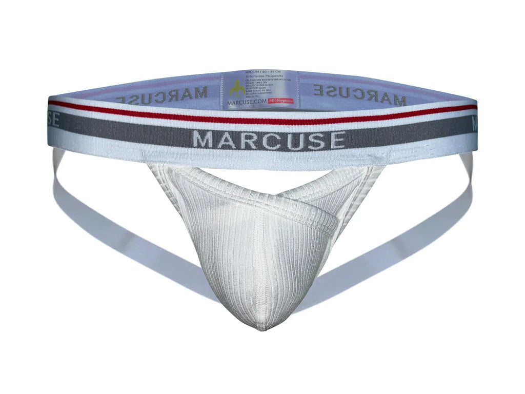White textured fabric marcuse apollo jock underwear with gray and red striped waistband featuring marcuse brand name