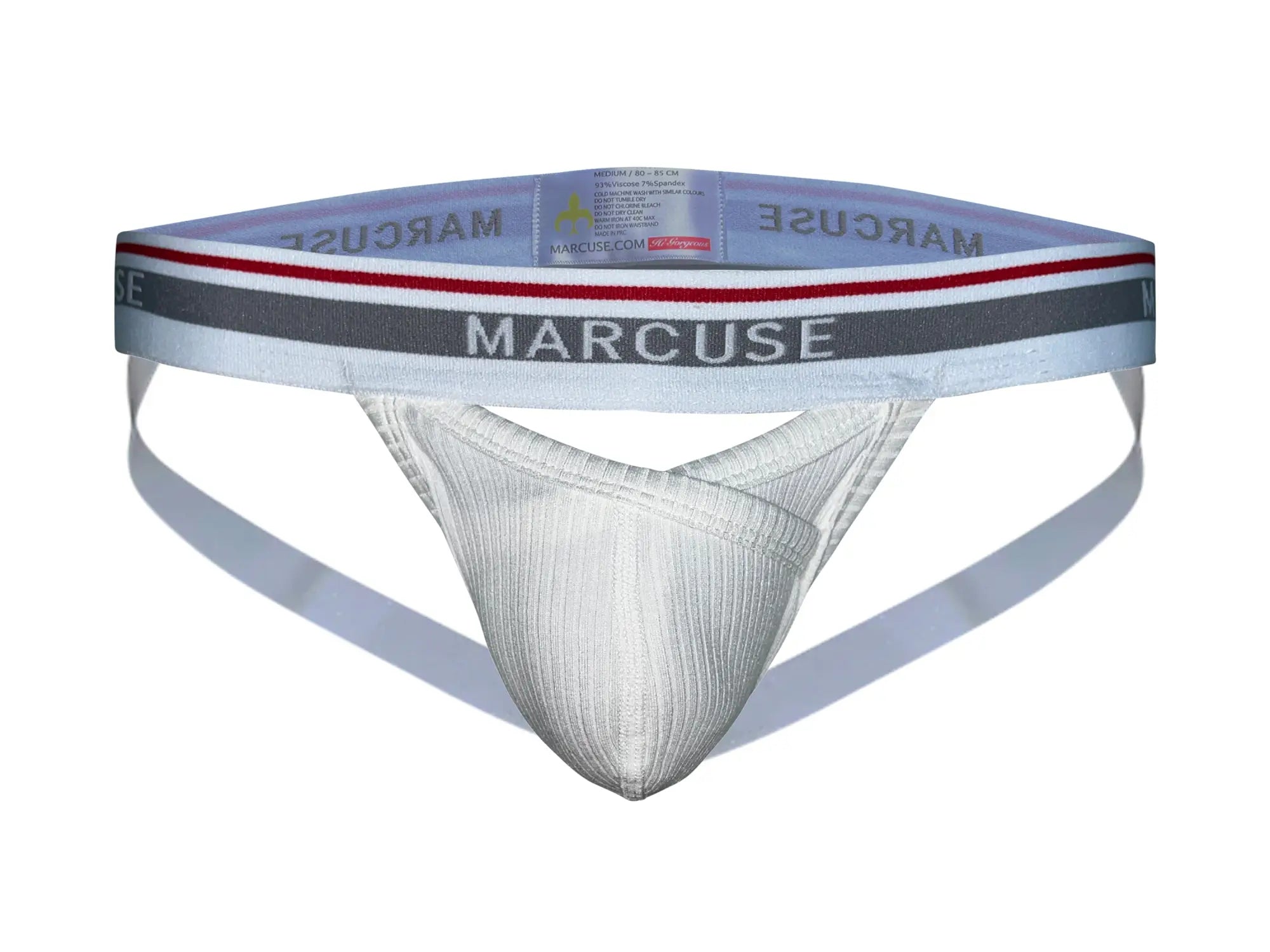 White textured fabric marcuse apollo jock underwear with gray and red striped waistband featuring marcuse brand name