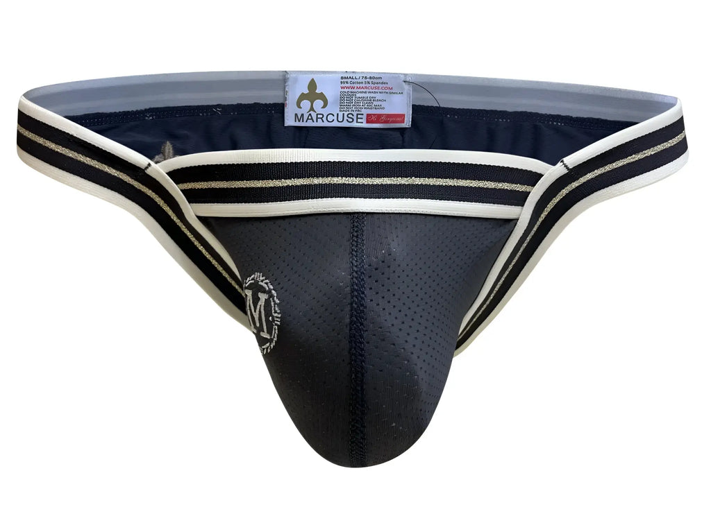 Black marcuse arosee brief underwear with white and gold striped waistband mesh front panel and embroidered logo