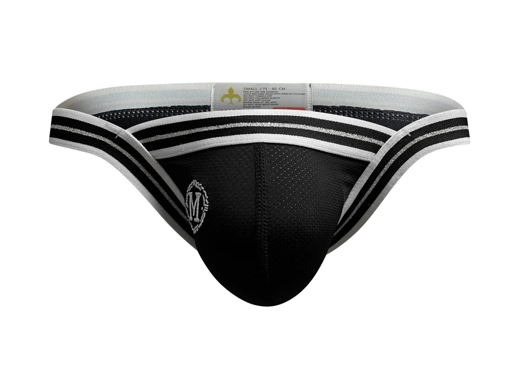 Marcuse arose brief underwear black and white athletic brief with mesh front striped waistband and embroidered logo on hip