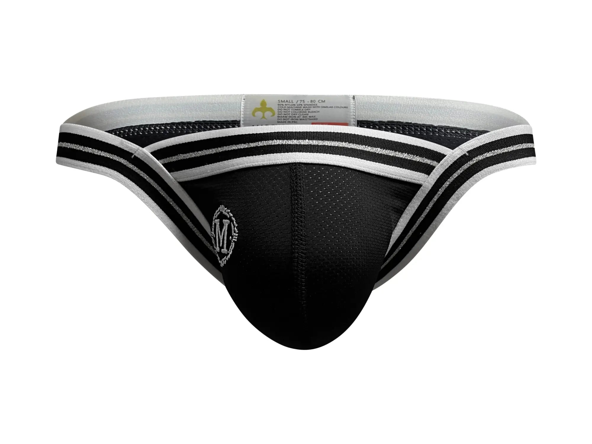 Marcuse arose brief underwear black and white athletic brief with mesh front striped waistband and embroidered logo on hip