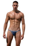 Navy blue Marcuse Arose brief underwear with white and navy striped trim designed for athletic comfort