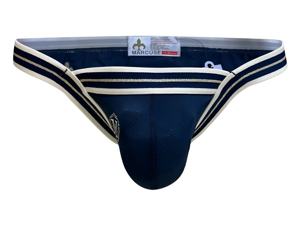 Marcuse Arose brief underwear navy blue mesh with white and gold striped waistband and embroidered logo on left leg