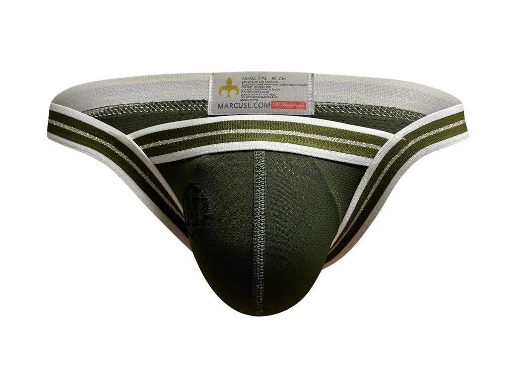 Marcuse Arose brief underwear olive green and white athletic-style briefs with striped trim for comfortable wear
