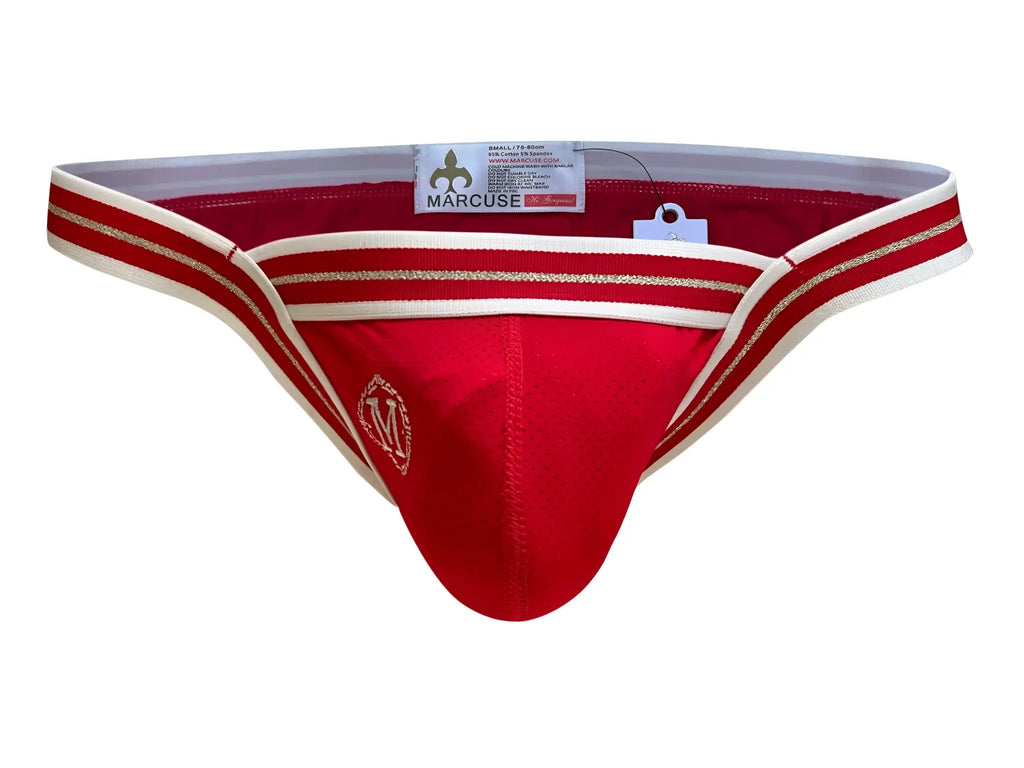 Red marcuse arose brief underwear featuring white and gold striped trim for stylish comfortable support