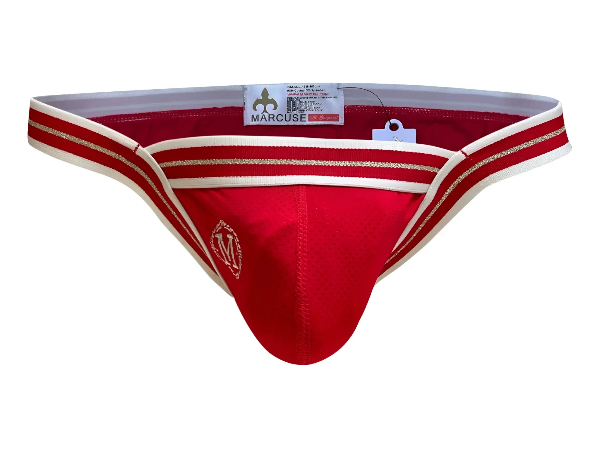 Red marcuse arose brief underwear featuring white and gold striped trim for stylish comfortable support