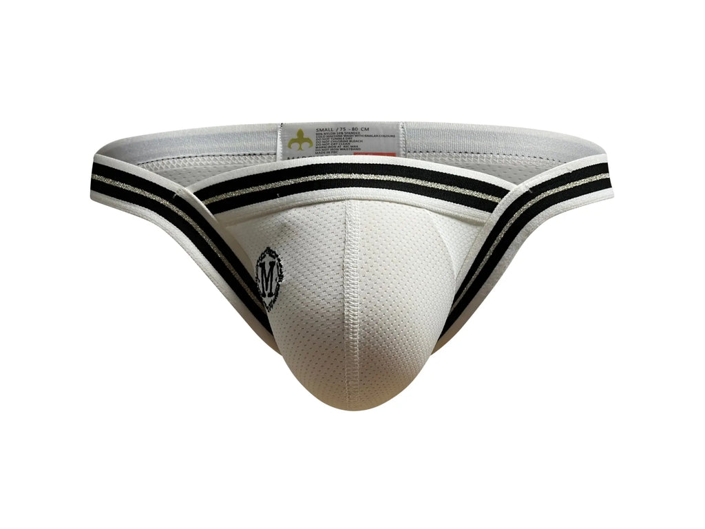 Marcuse Arose brief underwear in white mesh with black striped trim and a small embroidered front logo