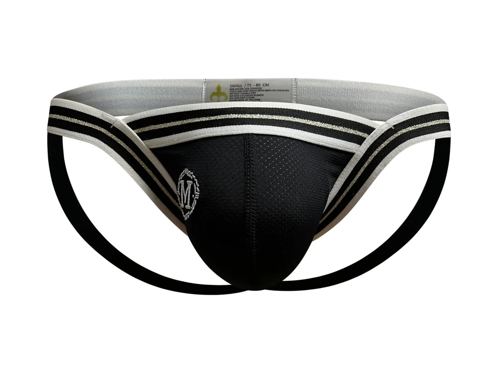 Marcuse Arose jock underwear in black and silver with mesh front panel black elastic straps white trim and embroidered logo