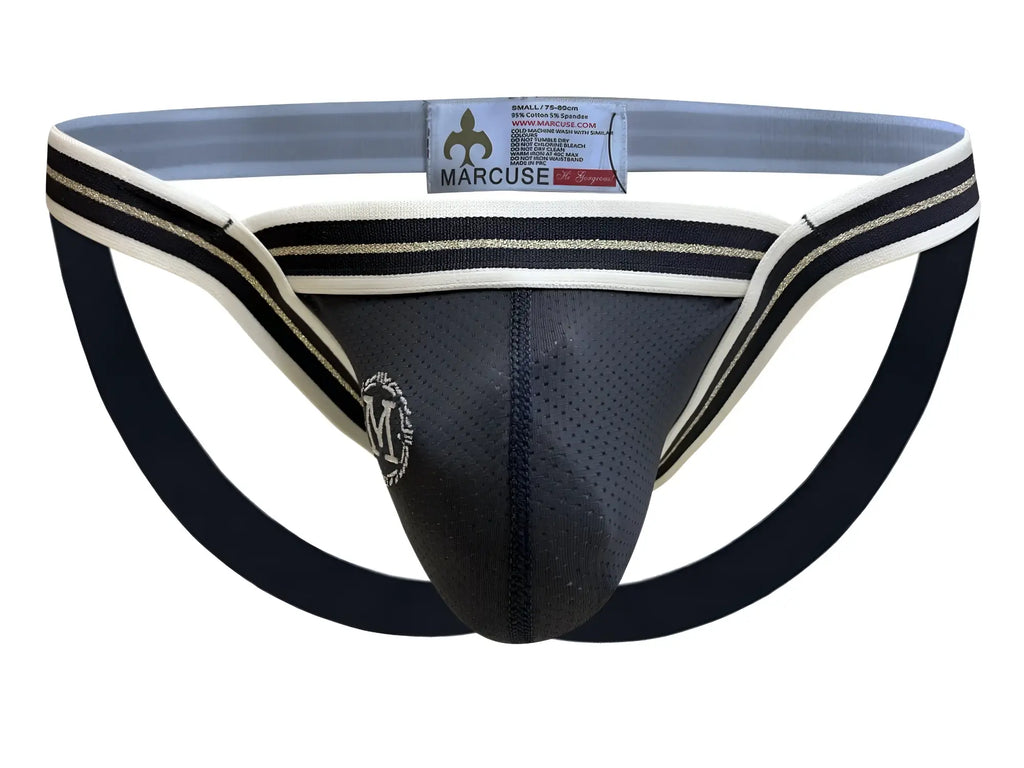 Marcuse Arose jock underwear in black and white with mesh front panel and black waistband with gold stripes on side panels