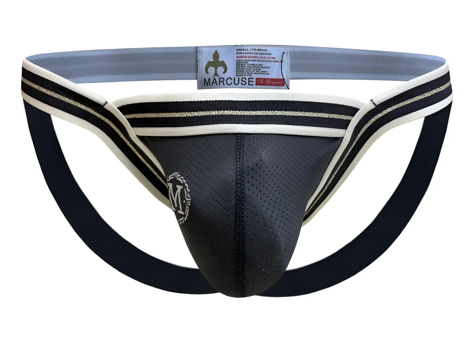 Marcuse Arose jock underwear in black and white with mesh front panel and black waistband with gold stripes on side panels