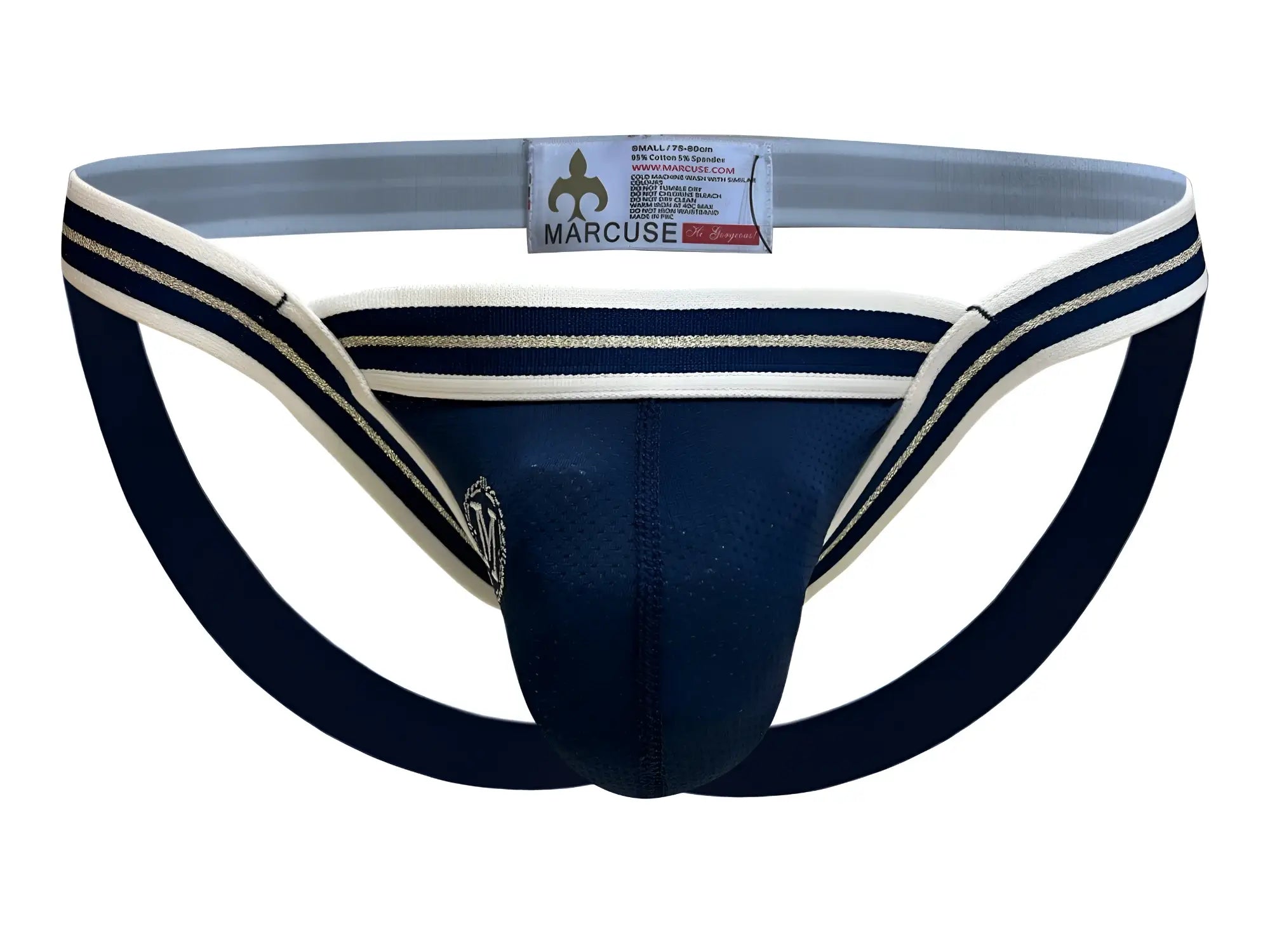Navy blue Marcuse Arose jock underwear with white and gold striped trim designed for athletic support