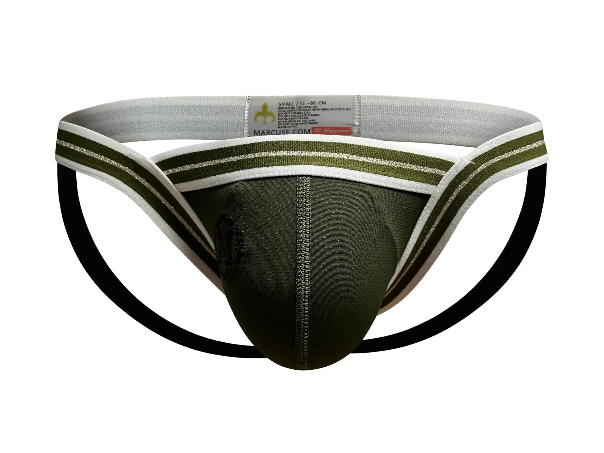 Olive green and white athletic briefs with black side straps from marcuse arose jock underwear front view